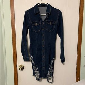 FashionNova Denim Dark Wash Button-Up Distressed Dress Size M